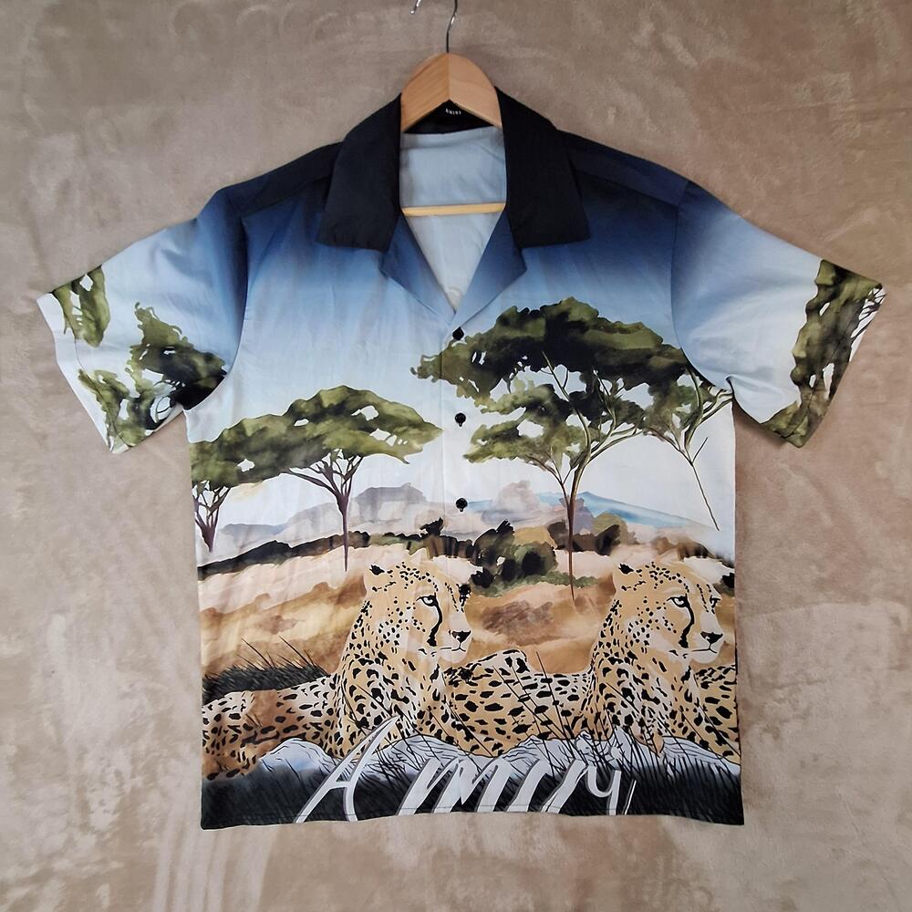 AMIRI Shirt Mens Medium Multicolor Cheetah Safari Graphic Short Sleeve Button Up